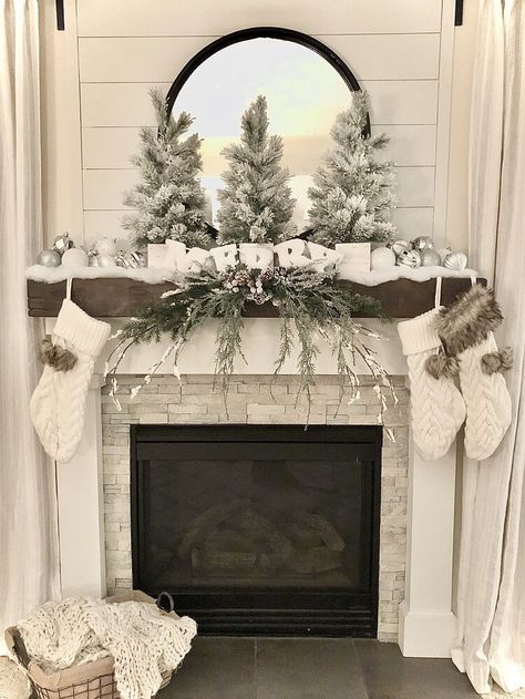 White Fireplace Christmas, White Christmas Mantle Decor, Fireplace Decor Ideas Farmhouse, Tv Mantel Decorating Ideas, Christmas Stockings White Fireplace, Snowflake Fireplace Mantle, Over Fireplace Decor Ideas, Over Couch Wall Decor, Mantle With Tv Decorating Ideas