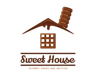 Sweet House Logo design - Sweet house consists of chimney cake, liquid brown chocolate on the roof, and the window is a square waffle. Related keywords: waffles, caramel, tasty, delicious, home.<br />This logo is great for bakery and café, coffee shop, snack shack, cake shop, chocolatier, pastry shop, sweets boutique, patisserie shop or factory... Price $350.00 Shop Name Ideas, Logo Bakery, Logo Cake, Chimney Cake, Chocolate House, Trendy House, Sweet House, House Logo Design, Barn Interior