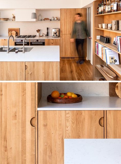 Kitchen Ideas - To stay within their budget, the designers created a kitchen using standard off-the-shelf kitchen units, but they had bespoke natural oak fronts and facing dividers made that included small cut-out finger pulls instead of hardware. #ModernWoodKitchen #HardwareFreeKitchen #KitchenDesign #OakCabinets Brick Extension, Cabinets Hardware, Modern Wood Kitchen, Wood Hardware, Floor To Ceiling Cabinets, Kitchen Cabinets Pictures, Light Wood Kitchens, Hard Ware, House In London