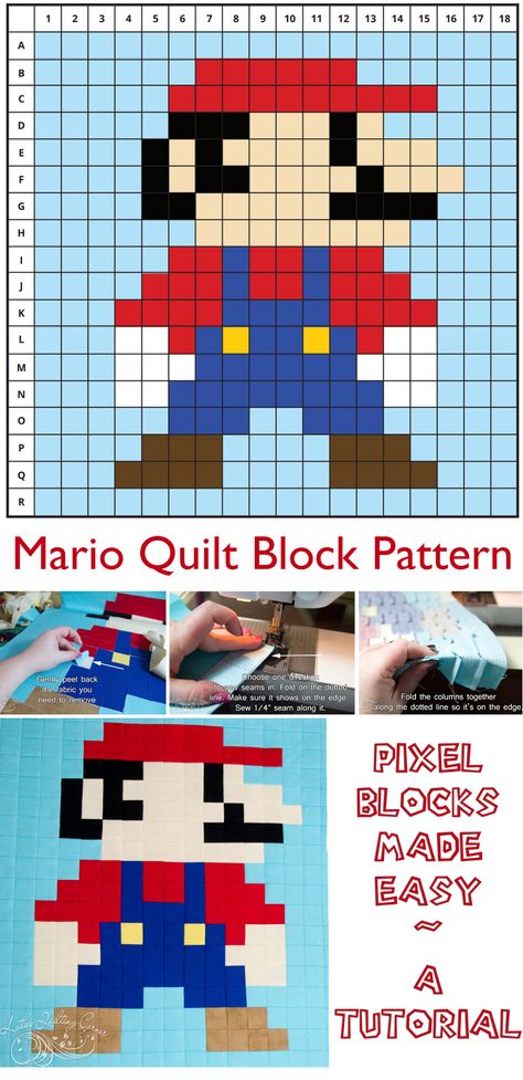 Mario Pixel Quilt Block. Mario Brothers Quilt Pattern, Quilt Grid Pattern, Super Mario Quilt Pattern, Pixelated Quilt Pattern, Video Game Quilt Pattern, Gamer Quilt Patterns, Super Mario Quilt, Pixel Quilt Patterns Free, Color Block Quilt Pattern