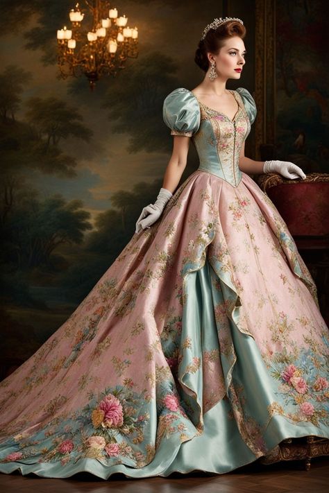 Delicate rococo silk brocade ballgown of a 1940s fairytale q... by Wendy - Playground Rococo Outfit, Fairytale Ballgown, Hooded Eyes Makeup, Victorian Era Dresses, Fancy Gown, Era Victoria, Rococo Dress, Fairytale Gown, Rococo Fashion