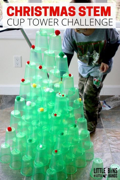 Set out a super simple STEM challenge invitation to build a Christmas tree! Our Christmas cup tower STEM challenge is a fun and easy way for kids to get creative and use their engineering, planning, and designing skills to use all the cups to build their own tree. Add this Christmas engineering challenge to your to do list this holiday season. Tower Stem Challenge, Build A Christmas Tree, Simple Stem Challenges, Christmas Stem Activities, Christmas Science, Christmas Stem, Stem Challenge, Christmas Kindergarten, Christmas Idea