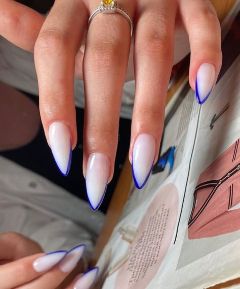 Light Blue French Nail Designs, French Nails With Blue Tips, Pointy Blue Nails, White Blue French Nails, White Nails Blue Tips, White Nails With Blue French Tips, White And Blue French Nails, Nails Acrylic Blue French Tips, Nail French Blue