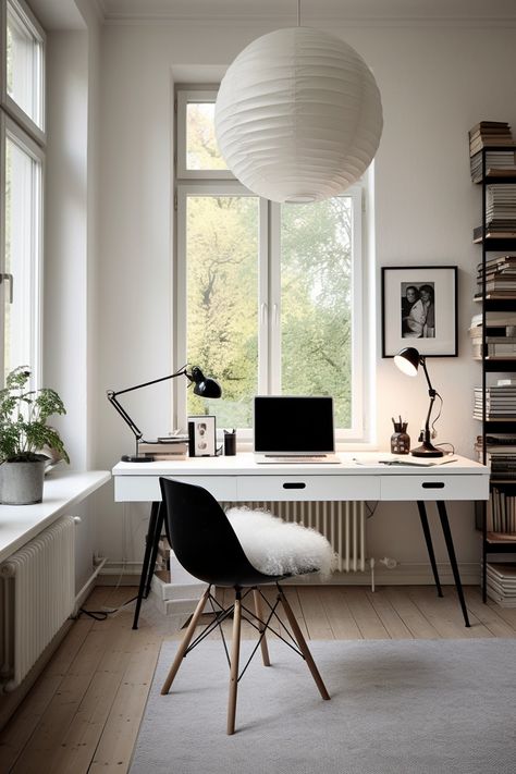 1900s Apartment, String Bookshelf, Apartment With Large Windows, White And Black Office, Natural Office Design, White Table Black Chairs, Black Office Table, Contrast Bedroom, Minimalistic Home Office