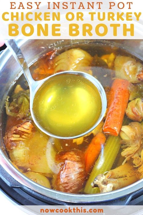 Chicken or turkey bone broth made in the Instant Pot is the quickest and easiest way to get every last bit of goodness out of that roasted chicken or turkey. Use it for soups, stews, gravies, or any recipe that uses broth, or just put it in a mug and sip away! Get the recipe and try it! Boil Chicken In Instant Pot, Turkey Bone Broth Recipe Instant Pot, Turkey Bone Broth Instant Pot, Instant Pot Broth Turkey, Turkey Broth Instant Pot, Chicken Bone Broth Recipe Instant Pot, Instapot Bone Broth, Turkey Bone Broth Recipe, Chicken In Instant Pot