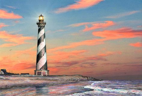 "Cape Hatteras Lighthouse" by Paul McGehee. The iconic North Carolina lighthouse as it appeared many years ago. A beautiful, hand-signed limited edition print (only 500 copies) from McGehee's original color pencil drawing. Image size: 10 1/2" x 15 5/8". Price: $100.00 S/N. Lighthouse Pattern, Nc Lighthouses, North Carolina Lighthouses, Cape Cod Lighthouses, Lighthouse Drawing, Nc Beaches, Hatteras Lighthouse, Cape Hatteras Lighthouse, Lighthouse Tattoo