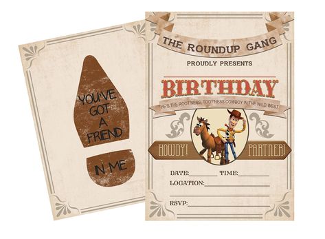 PRICES MAY VARY. Satin Matte Cardstock Howdy Partner! The RoundUp Gang Proudly Presents.... 12 - Two sided Invitations included with matching envelopes Welcome to the Roundup! High quality graphics and material - Fun Theme - USA Made A Complete Kit for your upcoming Toy Story party and decorating needs! Quality USA Made Product. Welcome to the Roundup! Woody Birthday, Rainbow Party Supplies, Toy Story Invitations, Boy Party Invitations, Flower Invitation Card, Jump Party, Toy Story Theme, Fall Baby Shower Invites, Luxury Invitation