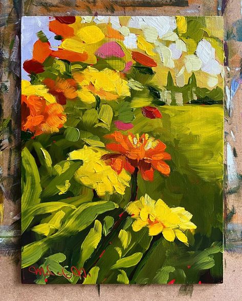 Zinnia Painting, Drawing Zinnias, How To Paint Zinnias, Zinnias Watercolor Painting, Acrylic Painting Zinnias, Paintings Of Zinnias, Zinnia Flowers, Floral Oil Paintings, Pastel Art