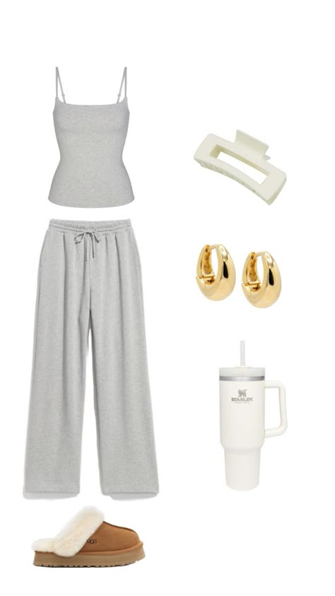 white grey tank top, grey sweatpants, gold hoop earrings, ugg slippers, white stanley, white big claw clip, outfit inspo, inspiration Clean Girl Fits For School, Simple Clean Girl Outfits, Outfit Ideas Clean Girl, Cute Clean Girl Outfits, Clean Girl Outfit, Clean Girl Fits, Clean Girl Aesthetic Outfits, Clean Girl Look, Clean Girl Fall Outfits