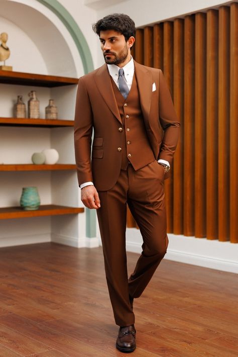 Indulge in the versatility of our Brown Slim-Fit Suit 3-Piece, perfectly suited for formal events and business settings, ensuring a smart and stylish appearance that never goes unnoticed. #slimfitsuit #mensfashion #suitup #dapperstyle #groomstyle #weddingattire #specialoccasion #formalwear #classiclook #suit #suits Mens Fall Suits, Blazer Waistcoat, Suit For Men Wedding, Grooms Men, Suit For Wedding, Dapper Suits, Engagement Dinner, Suit Man, Men's Business Suits