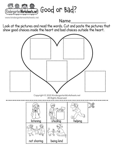 Kids can sort good choices from bad choices by completing a cute cut and paste activity. This free social studies worksheet can help kids make better choices, which can improve classroom behavior. Good Or Bad Choices Worksheet, Kindergarten Easter Worksheets, Kindergarten Language Worksheets, Transportation Matching, Spelling Worksheets Kindergarten, Thanksgiving Worksheets Kindergarten, Kindergarten Fall Worksheets, Kindergarten Grammar Worksheets, Halloween Worksheets Kindergarten