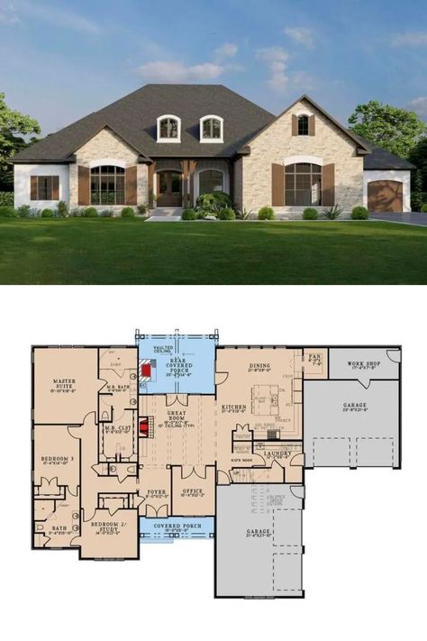 2,700 Sq Ft French Country Home House Plan with 3 Bedrooms, Open Living Space, and Multiple Garages Semi Open Floor Plan, 700 Sq Ft House Plans, 700 Sq Ft House, Wooden House Plans, Open Concept House, Open Concept House Plans, Plan Small House, Open Living Space, House Design Trends