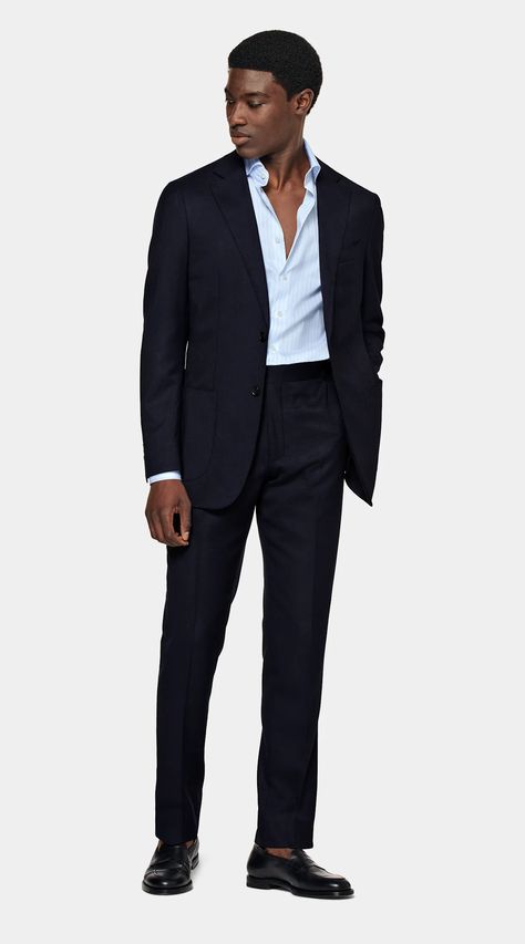 Sharp style with a relaxed vibe. Blazer: Notch lapel, patch pockets. Trousers: Flat front, back pockets, after-dinner split. Formal Blazer Outfits, Formal Attire For Men, Stylish Mens Suits, Black Suit Men, Mens Business Casual Outfits, Classy Suits, Classy Outfits Men, Mens Fashion Blazer, Men Stylish Dress