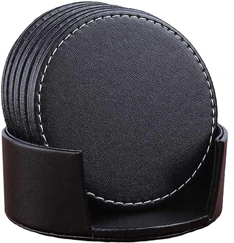 purchased 6.22 dining room coasters square instead of round w/ black place mats and williams sonoma runner?  Amazon.com | CARLWAY Set of 6 Leather Drink Coasters Round Cup Mat Pad for Home and Kitchen Use Black, 3.94", 10cm, : Coasters Leather Coaster Set, Black Coasters, Coffee Room, Bar Coasters, Baby Spoon, Leather Coasters, Cup Coaster, Cup Mat, Coaster Design