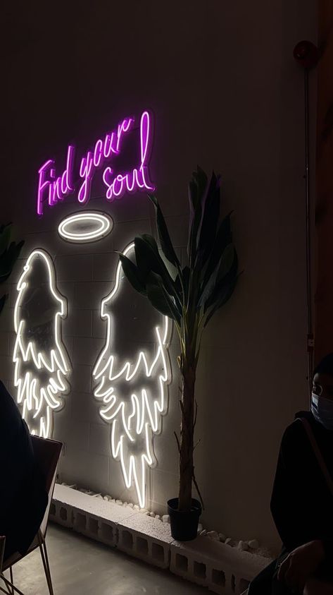 Wings And Halo, Neon Signs Quotes, Find Your Soul, Selfie Wall, Neon Signage, Neon Quotes, Neon Room, New Retro Wave, Neon Logo