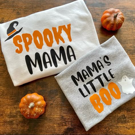 Halloween Themed T Shirt Sets For Mamas And Their Minis! Made To Order, Htv And Comes In Sizes Unisex S-Xl. 17$/Adult Sizes Shirt, 13$/Toddler And Youth Sizes. If You Would Just Like One Or The Other, Also Can Be Done! The Price On This Listing Is For The Set. Any Questions, Please Feel Free To Ask! Halloween Vinyl, Spooky Mama, Circuit Ideas, Cricut Halloween, Mommy And Me Shirt, Cricut Projects Beginner, Mens Halloween Costumes, Cricut Craft Room, Vinyl Shirts