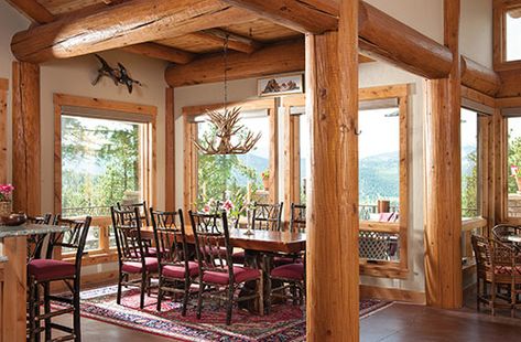 Interior Post and Beam style Post Beam Interior, Post And Beam Interiors, Log Cabin Dining Room, Cabin Dining Room, Log Home Kitchens, Cedar Paneling, Post And Beam Home, Log Home Living, Log Cabin Interior