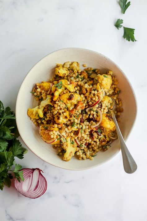 Curried Cauliflower Salad, Carrot And Orange Soup, Pearl Couscous Recipes, Warm Salads, Curried Couscous, Pearl Couscous Salad, Roast Cauliflower, Falafel Salad, Cauliflower Couscous