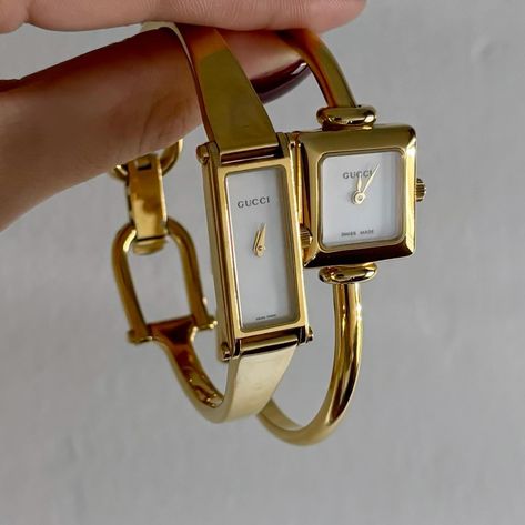 Sold*. Gucci gold bangle watches from the 90s will be available today at 5pm pacific time!! Nice Jewelry For Women, Gucci Bangle Watch, Gucci Watch Women Vintage, Women’s Gold Watch, Vintage Gucci Aesthetic, Gold Bangle Watch, Unique Watches Women, Capsule Wardrobe Jewelry, Gold Vintage Watch