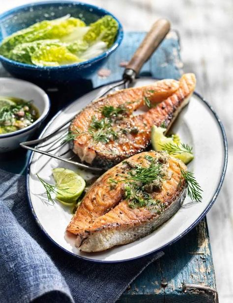 Salmon steaks with caper and anchovy salsa Salmon Steak Recipes, Summer Barbecue Food, Salmon Steaks, Sainsburys Recipes, Salmon Steak, Barbecue Recipes, Grilled Salmon, Baked Salmon, Anchovies