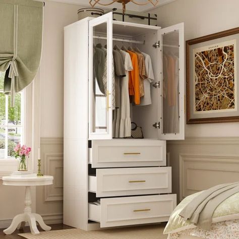 Mercer41 Ryhanna Armoire | Wayfair Organized Bedroom, White Armoire, Modular Wardrobe, Corner Wardrobe, Modular Wardrobes, White Wardrobe, Bedroom Armoire, 2 Door Wardrobe, Wardrobe Cabinets