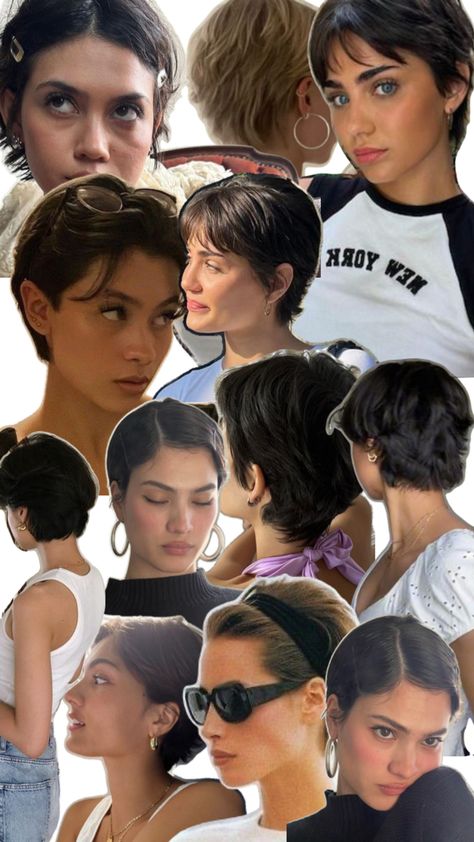 Women Trendy Haircut, Headband Pixie Cut, Italian Cut Hair, 90s Short Hair Pixie, Pixie Cut Asian Hair, Short Hair Diamond Face, Bixie 90s Haircut Short, Pixie Cut And Glasses, Pixie Cut Girl