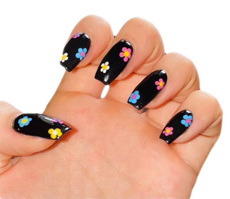 Black Nails Floral Design, Black Nails With Floral Design, Flowers On Black Nails, Black Bright Nails, Black Nails With Colorful Flowers, Black Nail With Flower Design, Black And White Nails With Flowers, Black Nails For Spring, Black And Flower Nails