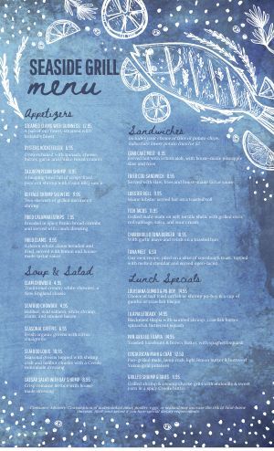 Seafood Restaurant Menu Template - MustHaveMenus Seafood Menu Design Templates, Oyster Bar Menu Design, Fish Restaurant Menu Design, Beach Restaurant Menu Design, Seafood Stew Cioppino, Seafood Menu Design, Fish And Chips Menu, Beach Bar Decor, Cafe Menu Template