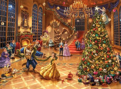 Amazon.com: Ceaco - Silver Select - Disney - Thomas Kinkade - Beauty and The Beast Christmas Celebration - 1000 Piece Jigsaw Puzzle for Adults Challenging Puzzle Perfect for Game Nights : Toys & Games Belle And The Beast, Kinkade Disney, Thomas Kinkade Disney, Beast's Castle, Disney Frames, Art Certificate, Disney Artists, Christmas Celebration, Disney Beauty And The Beast