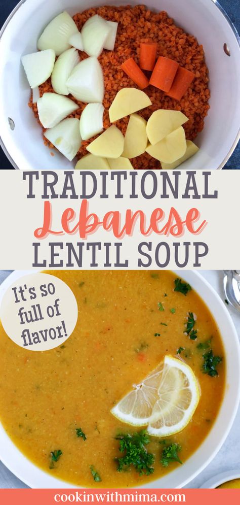 Lebanese Recipes Lentil Soup, Jordanian Lentil Soup, Lebanese Red Lentil Soup, Iraqi Lentil Soup Recipe, Lebanese Crockpot Recipes, Middle Eastern Red Lentil Soup, Syrian Lentil Soup, Lentil Soup Mediterranean, Crushed Lentil Soup Lebanese