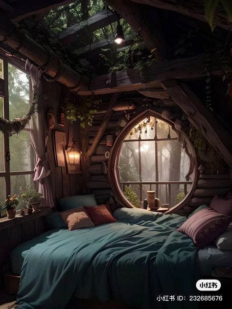 Romantic Beds, Treehouse Bedroom, Hobbit Style, Hobbit Houses, Magical Bedroom, Forest Homes, Fantasy Cottage, Collage Project, Magical Room