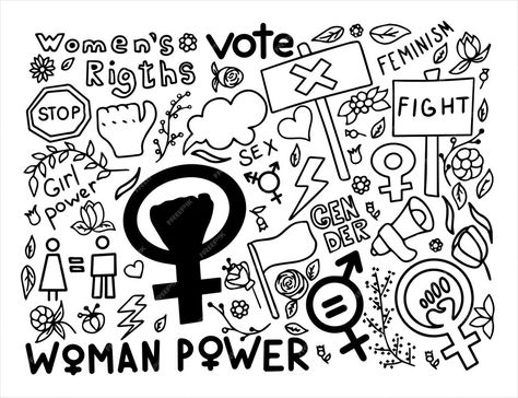 Premium Vector | A set of doodle signs of feminism women s rights grunge hand drawn vector icons of feminism protest ... Feminism Protest, Sharpie Shoes, Women’s Rights, Hand Drawn Vector, Equal Rights, Drawing Easy, Womens Rights, Powerful Women, Icon Set