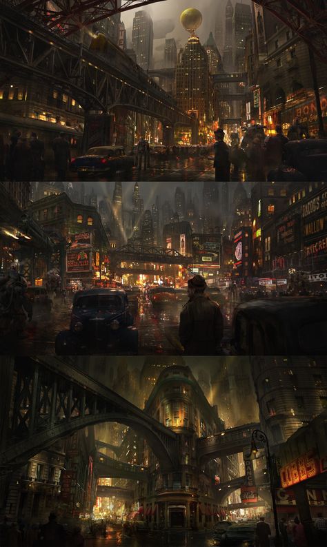 #Dieselpunk #Noir #Pulp #GothamCity Dystopian Steampunk City, Dieselpunk Landscape, Diesel Punk Aesthetic, Dieselpunk City Concept Art, Fantasy Dieselpunk Art, Dieselpunk Art City, Dieselpunk Aesthetic City, Noir City Art, Dieselpunk World