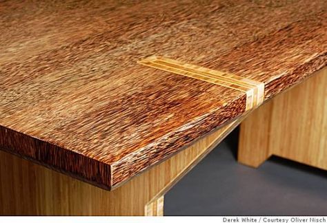 Detail of table designed by Oliver Nisch. Made of palm wood plywood called Durapalm, manufactured in Taiwan and sold in the San Francisco Ba... Plywood Table, Elevated Homes, Palm Wood, Coconut Wood, Western Furniture, Bamboo Wall, Door Design Interior, Coconut Palm, Woodworking Wood