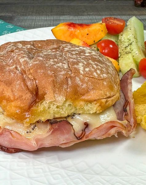 Hot Ham and Swiss Sandwiches - Hot Rod's Recipes Hot Ham And Swiss Sandwiches, Ham And Swiss Sandwiches, Hot Sandwich Recipes, Sandwich Wraps Recipes, Ham And Swiss, Cheesy Ham, Spicy Brown Mustard, Hot Sandwich, Sandwich Spread