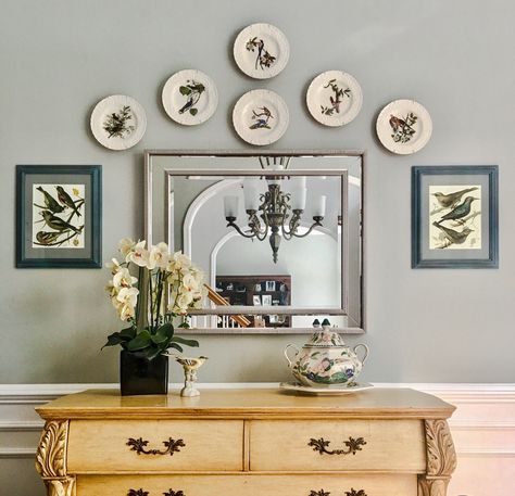 Phantom Forest Sherwin Williams, Plate Wall Display Around Mirror, Vintage Plates On Wall Dining Room, Plate Gallery Wall Dining Rooms, Plate Wall Dining Room, Sconces In Dining Room, Plate Wall Display Ceramic, Yellow Buffet, Bird Plates On Wall