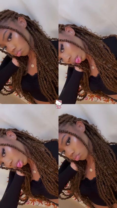 Coffee Brown Passion Twists, Passion Twists Different Colors, Honey Blonde Mini Passion Twist, Passion Twists With Charms, Chocolate Brown Passion Twists, Brown And Black Passion Twist, Cute Box Braid Styles, Color 30 Twists, Mini Boho Passion Twists