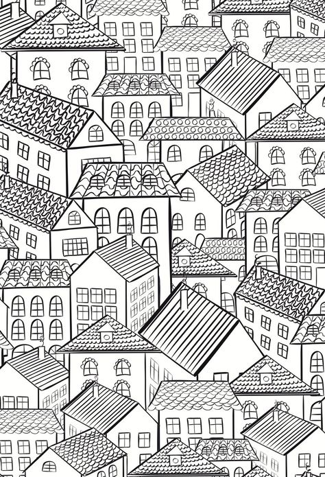 Urban Drawing, Town Houses, House Colouring Pages, Illustration Styles, Building Illustration, Adult Colouring Pages, White Drawing, Pola Sulam, Ink Drawings