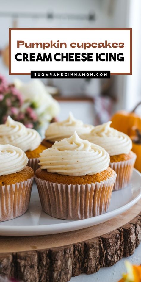 Treat yourself to pumpkin cupcakes topped with creamy cream cheese icing! 🍁🧁 The perfect blend of spices and sweetness, these cupcakes are ideal for cozy gatherings and fall festivities. Easy to bake and hard to resist! Save this pin for a delightful recipe you’ll use all season long! 📌🌟 Gluten Free Pumpkin Cupcakes With Cream Cheese Frosting, Pumpkin Cupcake With Cream Cheese Frosting, Pumpkin Cream Cheese Cupcake Recipes, Cream Cheese Icing For Piping, Cupcake Recipes Pumpkin, Pumpkin Cupcakes With Cream Cheese Filling, Pumpkin Cupcakes With Buttercream Icing, Sweet Potato Cupcakes Cream Cheese, Vanilla Cupcakes With Cream Cheese Icing