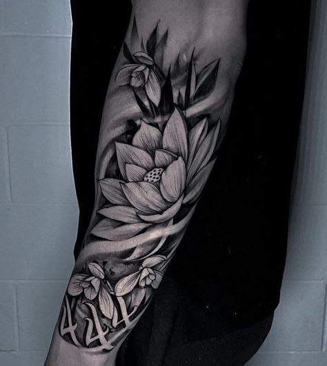 99+ Water Lily Tattoo Ideas That Leave You Floating in 2023 Lotus Tattoo Men, Lily Tattoo Sleeve, Lily Tattoo Ideas, Water Lily Tattoo, Tato Maori, Men Flower Tattoo, Water Lily Tattoos, Half Sleeve Tattoos Forearm, Lily Tattoo Design