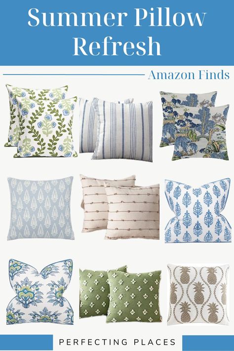 Inexpensive Green and Blue Throw Pillow Pairings Blue And Green Throw Pillows, Green Outdoor Pillows, Pillow Combinations, Throw Pillow Combinations, Blue Outdoor Pillows, Light Blue Pillows, Spring Throw Pillows, Neutral Throw, Summer Living Room