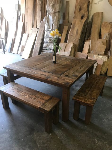 Square Farmhouse Table For 8, Square Rustic Dining Table, Farmhouse Dining Room Table Square, Homemade Wood Table, Diy Kitchen Table With Bench, Homemade Farmhouse Table, Farmtable Benches, Square Farmhouse Dining Table, Square Wooden Dining Table