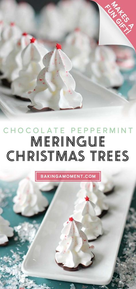 Meringue Pretzel Christmas Trees, Peppermint Meringue Kisses, Tree Meringue Cookies, Meringue Trees Christmas, Christmas Tree Meringue Cookies, Xmas Meringues, Christmas Meringue Pops, Christmas Meringue Ideas, White Christmas Food