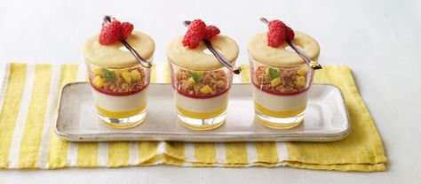 Prue Leith’s Mango, Coconut & Raspberry Verrines Shooter Glass Desserts, Dessert Glass Ideas, Dessert In Glasses Ideas, Ispahan Dessert, Glass Desserts Ideas, Verrines Dessert Ideas, Desserts In Glasses, Fancy Baking, Prue Leith