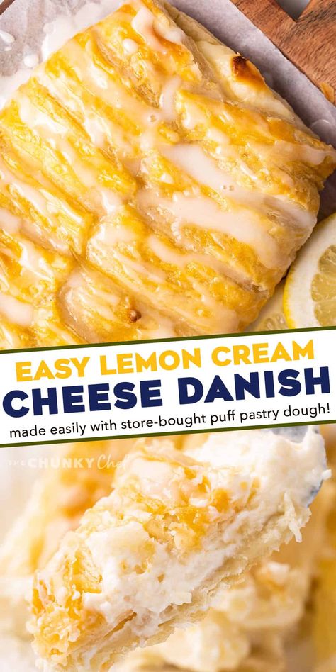 Easy Lemon Cream Cheese Danish - The Chunky Chef Lemon Cheese Danish, Lemon Danish Recipe, Lemon Cream Cheese Danish, Danish Recipe Puff Pastry, Sweet Cream Cheese Filling, Decadent Breakfast, Puff Pastry Recipes Dessert, Lemon Breakfast, Cream Cheese Puff Pastry