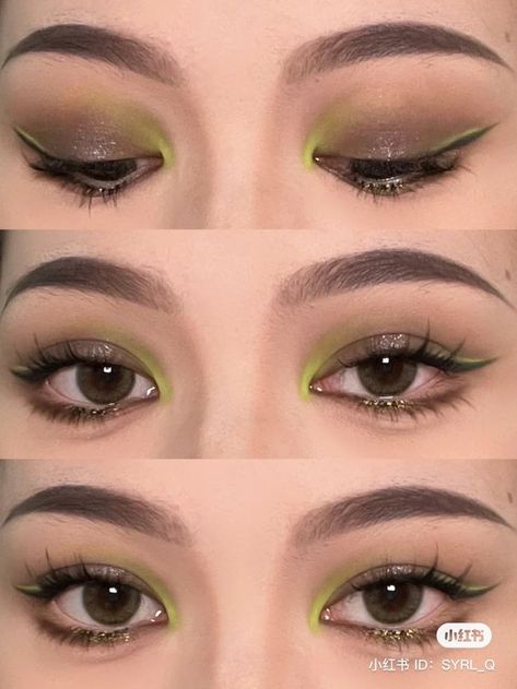 Green Makeup Korean, Green Douyin Makeup, Simple Green Eye Makeup, Dark Green Makeup, Monolid Makeup, Pale Skin Makeup, Concert Makeup, Ethereal Makeup, Green Makeup