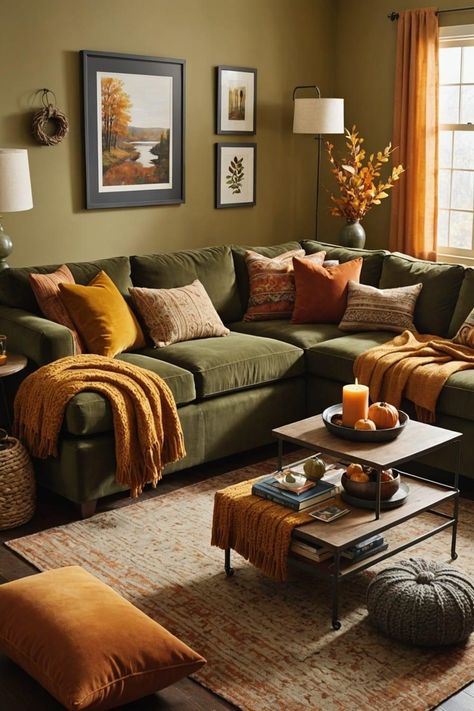 Green Sofa Living, Cosy Interior, Fall Living Room, Cozy Fall Decor, Fall Decor Ideas, Kitchen Decor Themes, Rustic Centerpieces, Classy Decor, Refresh Your Home