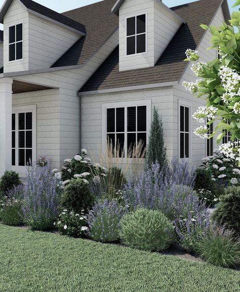 Landscape In Front Of Picture Window, Trees In Front Of Windows, European Style Landscaping, Colonial Exterior Landscaping, Plants Against House, Cape Cod Landscaping Front Yards, Under Window Landscaping, Hydrangea Patio, French Country Landscaping