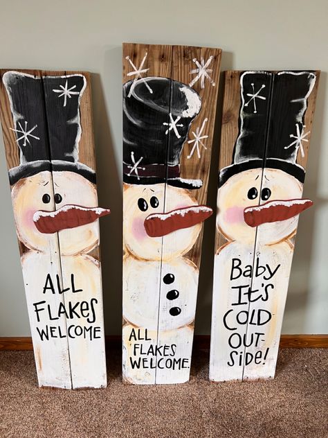 Snowmen porch signs #salvagecove Wooden Christmas Porch Signs, Porch Signs Christmas, Winter Porch Leaner Sign Diy, Snowman Signs, Santa Porch Leaner, Holiday Porch Signs, Winter Porch Signs, Snowman Leaner, Winter Signs Wooden