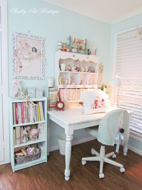 A dedicated sewing corner in the Shabby Art Boutique craft room #SewingRooms #CraftRoom #SewingSpaces Sewing Studios, Vintage Craft Room, Shabby Chic Craft Room, Shabby Art Boutique, Sewing Room Inspiration, Craft Shed, Sewing Room Design, Art Boutique, Dream Craft Room